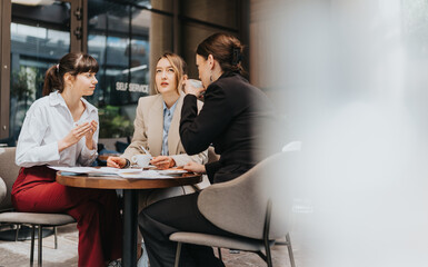 Professional women discussing ideas while seated in a contemporary office setting.