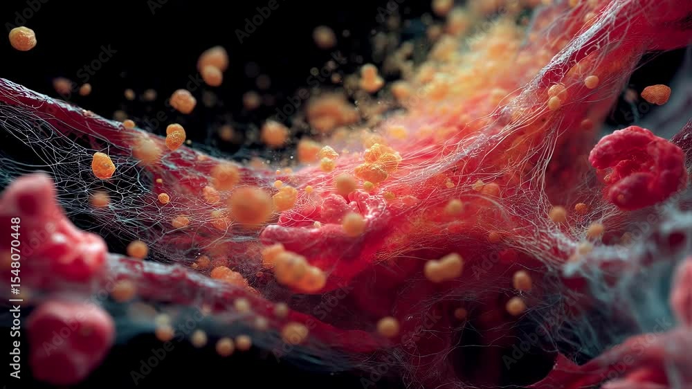 Poster medical visualization showing immune system cells attacking pathogens, creating a dynamic and inform