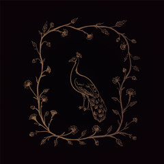 Children's book covers with gold peacock pattern in dandelion frame. Sketch of birds. Ornithology. Wild fauna. Wild birds. Animal tales. Magic feather.