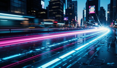 Fototapeta premium Digital Light Trails Weave Through Fragmented Cityscape, Neon Reflections, Abstract Urban Movement