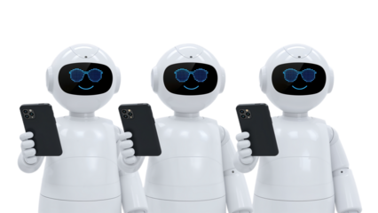 Three Friendly Robots Holding Smartphones AI Technology and Mobile Connection