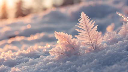 Two delicate frost formations resembling feathers rise from the snow in the warm sunlight