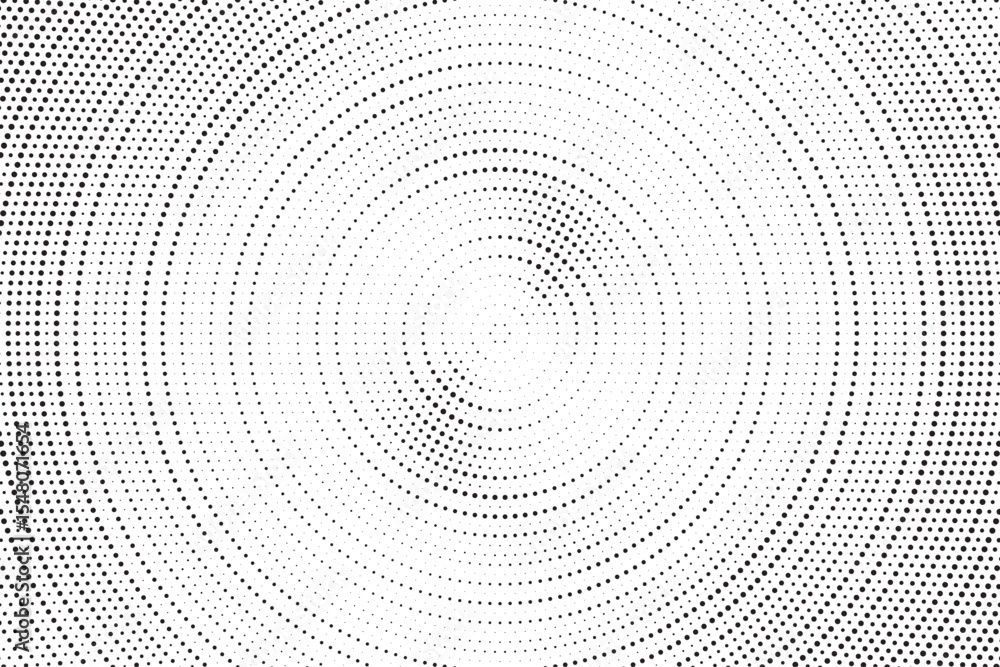 Aufkleber Radial halftone gradient background. Dotted concentric texture with fading effect. Black and white circle shade wallpaper. Grunge rough vector. Monochrome backdrop	