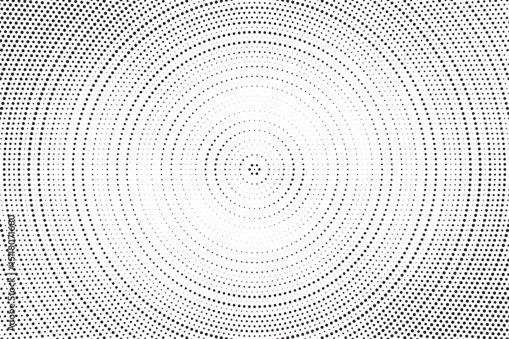 Aufkleber Radial halftone gradient background. Dotted concentric texture with fading effect. Black and white circle shade wallpaper. Grunge rough vector. Monochrome backdrop	