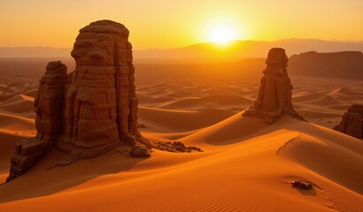 Ethereal Desert Landscape: Sand Dunes Resembling Ancient Idols at Sunset