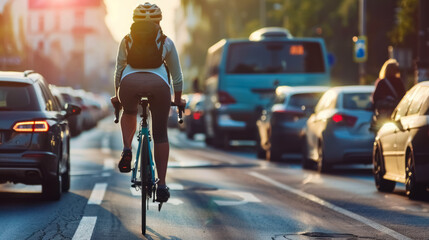 Cyclist commuting through busy city traffic during golden hour, surrounded by cars and urban lights.