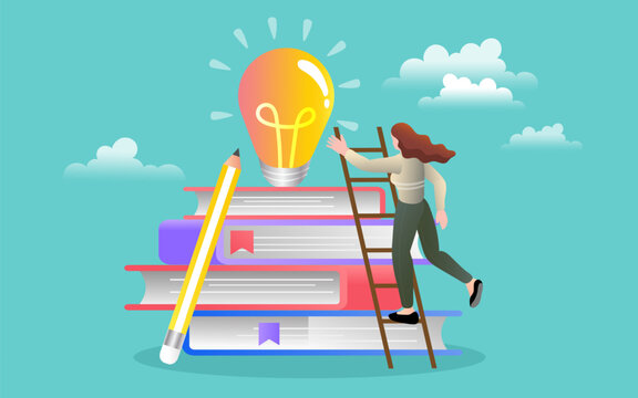 Concept of education and creative discovery. A woman climbs a ladder on a stack of books to reach a glowing lightbulb, symbolizing the path to knowledge and new ideas.