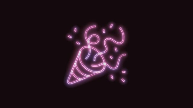  Party Popper Icon Neon Seamless Loop 4K with Black Background Animated Promotional Typography for Video Editing