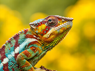 Fototapeta premium Colorful Chameleon Portrait. Exotic Wildlife in Vivid Detail