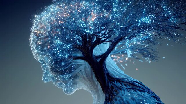 Particles and glowing points of light are growing like a tree from an elderly person's head, symbolizing memories, knowledge, wisdom, and mental health