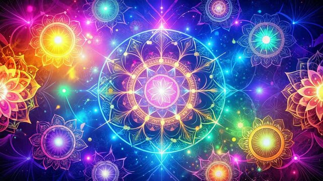 Colorful mandala with glowing lights radiating positive energy and spiritual harmony.