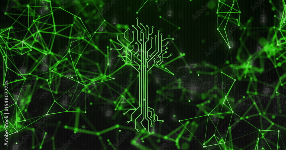 Aufkleber showing neon green circuit-tree branching across virtual grid, with network mesh and binary overlay