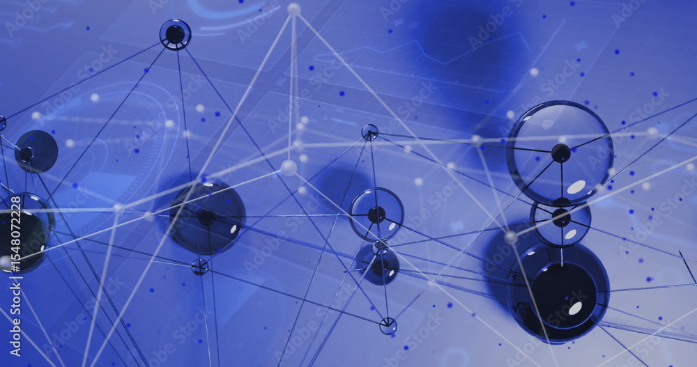 Poster Connecting translucent nodes with connectors forming web in virtual space, highlighting data points