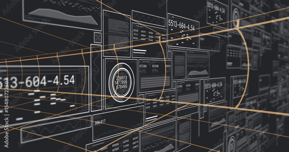 Poster showing data panels forming grid in virtual 3d control interface, with numeric displays, gold lines