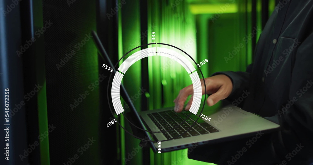 Poster system administrator typing on laptop in data center server room, with network cables, copy space