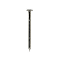 Common bright steel nail with domed head and sharp tip, subtle reflections, centrally composed against a transparent seamless studio background, shadowless, isolated, precise technical product