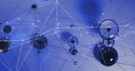 Connecting translucent nodes with connectors forming web in virtual space, highlighting data points