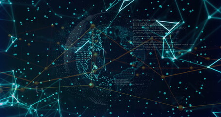 Displaying wireframe globe spinning in cyber network with teal nodes, data points and code snippets