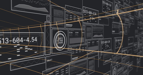Showing data panels forming grid in virtual 3D control interface, with numeric displays, gold lines