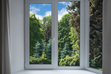 Fototapeta premium View through a panoramic window of a forest, a park with green trees.
