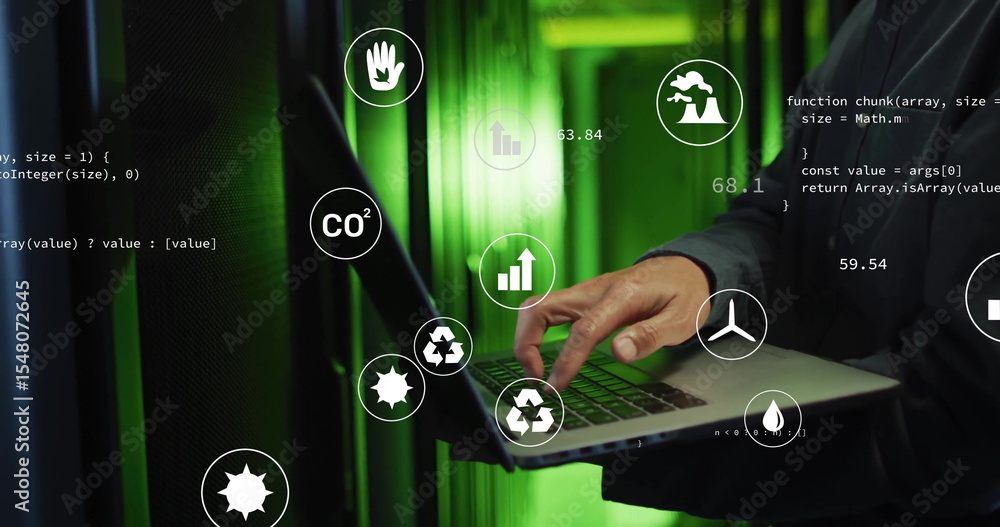 Aufkleber korean man in jacket monitoring server racks in data center, with laptop, eco icons and javascript