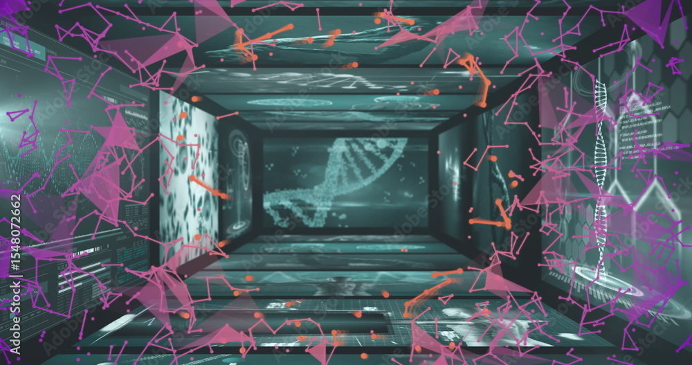 Poster projecting central dna helix motif along digital tunnel in research lab, with floating data nodes
