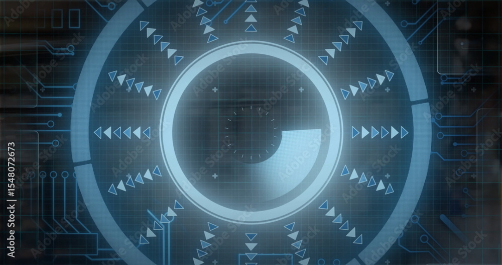 Poster central circular gauge pulsing in ui on grid overlay, with rings, arrow icons and circuit traces