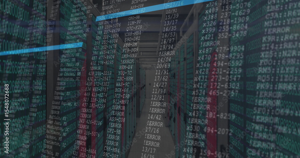 Poster extending server rack aisle into data center, with network cables, led lights and code overlay