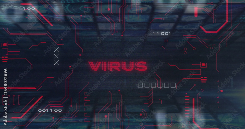 Poster displaying stylized interface scanning security panel, with red virus text and circuit traces