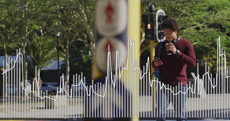 Walking man holding coffee cup, smartphone at urban street corner with waveform overlay, copy space