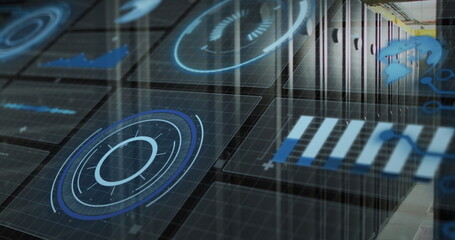 Showing server racks projecting holographic charts at data hall, raised panels, yellow cable trays