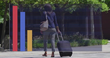 Walking businesswoman pulling black rolling suitcase across crosswalk, with bar chart overlay