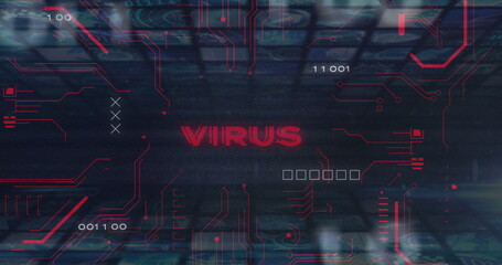 Displaying stylized interface scanning security panel, with red VIRUS text and circuit traces