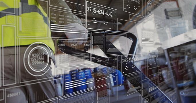 Gripping treadmill bars mid-adult woman in neon top running with trainer at gym with data overlays - Powered by Adobe