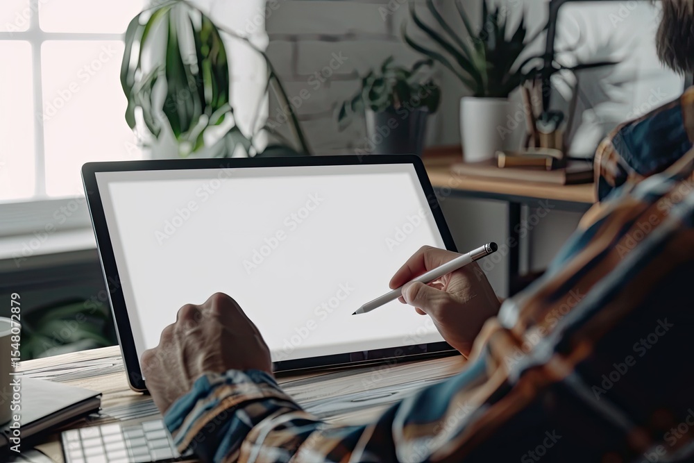 Poster high quality image of man using stylus with digital tablet