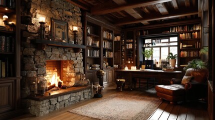 Elegant Cozy Home Office With Fireplace Zoom Background