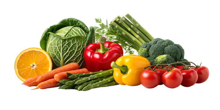 Fresh vegetables and fruits healthy food concept on transparent background