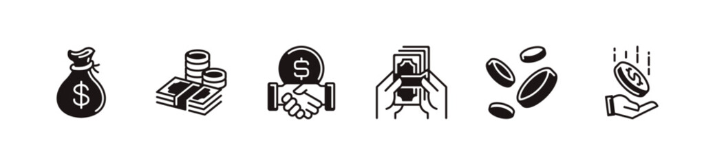 simple money dollar cash and coin icon line set hand hold money savings wallet signs vector illustration financial donation and tip payment symbol design