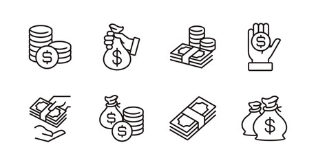 money dollar icon line set financial bank savings signs cash billfold dollar bag and coin stack symbol outline vector illustration
