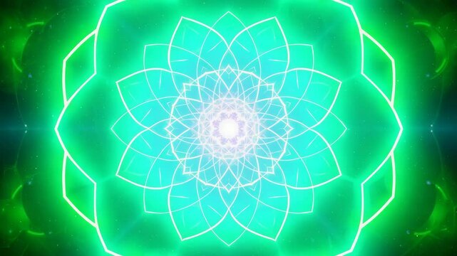 Glowing purple and orange geometric lotus flower tunnel creating a kaleidoscope effect.