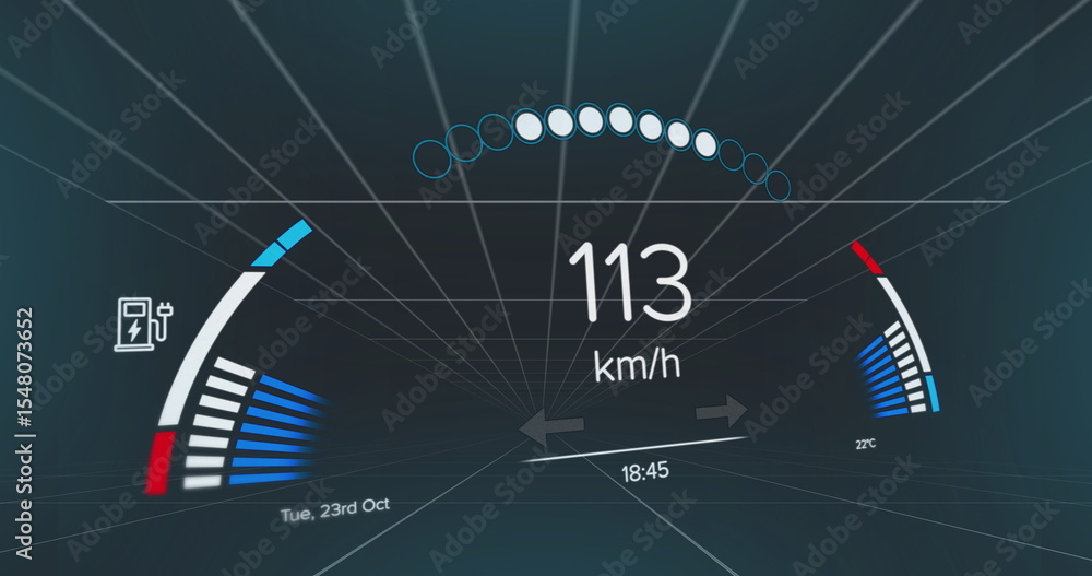 Poster displaying cockpit hud showing speed, charging gauge, temperature gauge and circular indicators