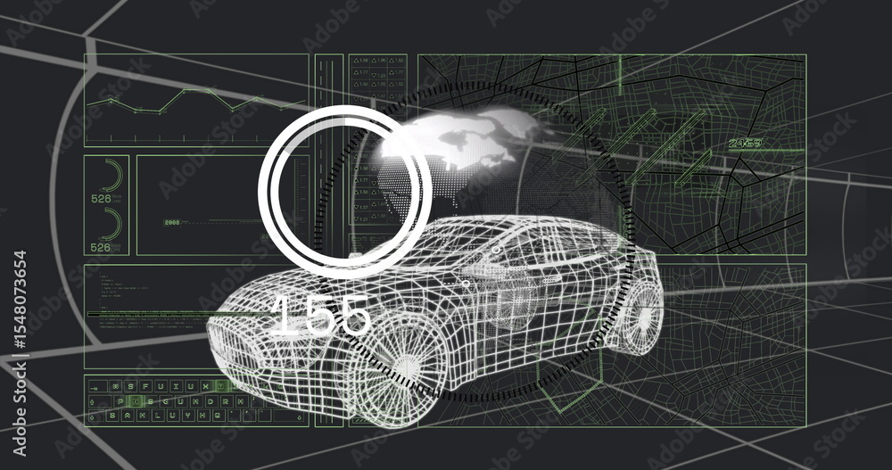 Poster displaying white 3d wireframe sedan model rotating in control space with hud indicator, data panels