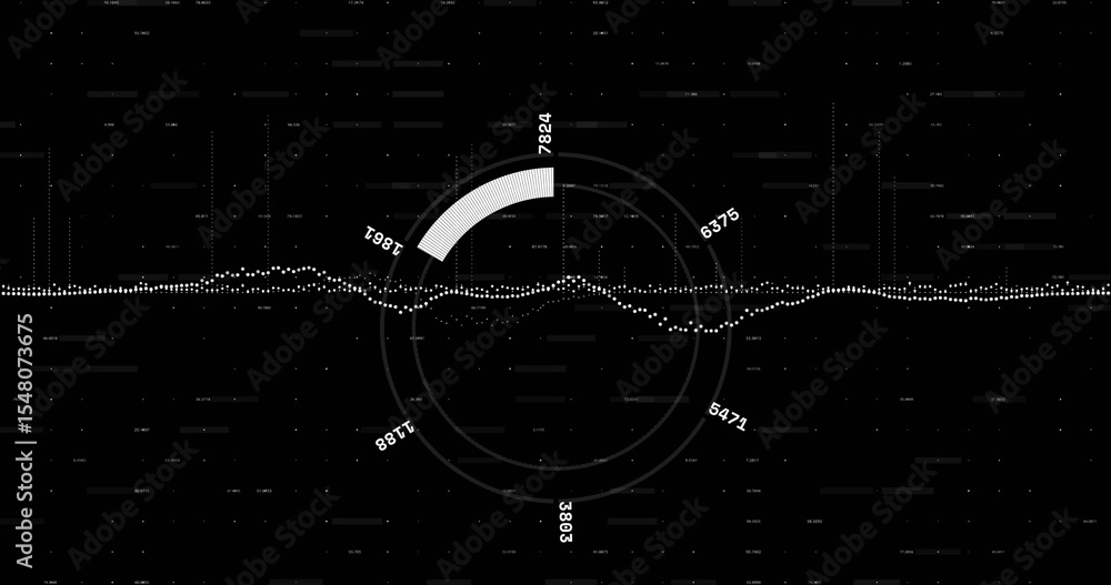 Poster displaying dashboard data with dotted waveform, concentric rings, numeric labels and white arc