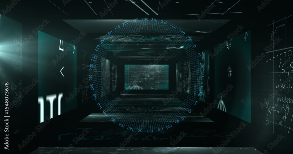 Poster glowing holographic interface floating inside digital tunnel, with degree markings and grid lines
