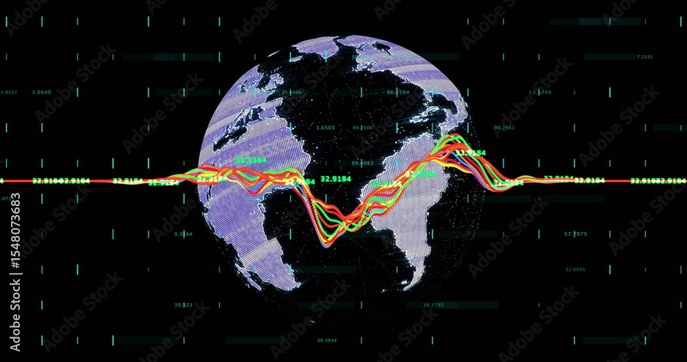Poster showing digital globe floating in cyberspace with multicolor waveform, numeric values and cyan bars