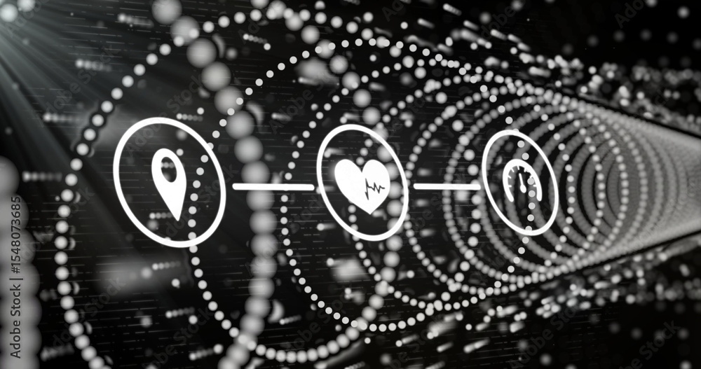 Poster rotating three icons inside tunnel of dotted rings and streams, with location pin heart speedometer