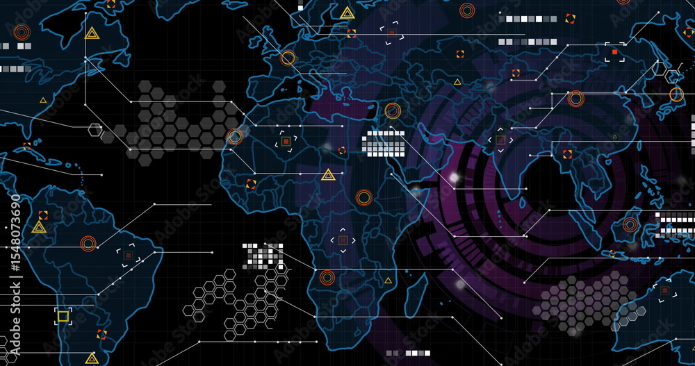 Poster displaying glowing blue world map in digital interface, with purple circles and white data blocks