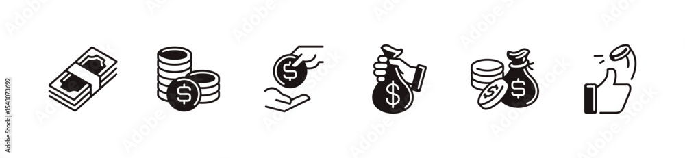 Poster simple dollar cash currency icon line set financial dollar bag and coin stack vector business balanc