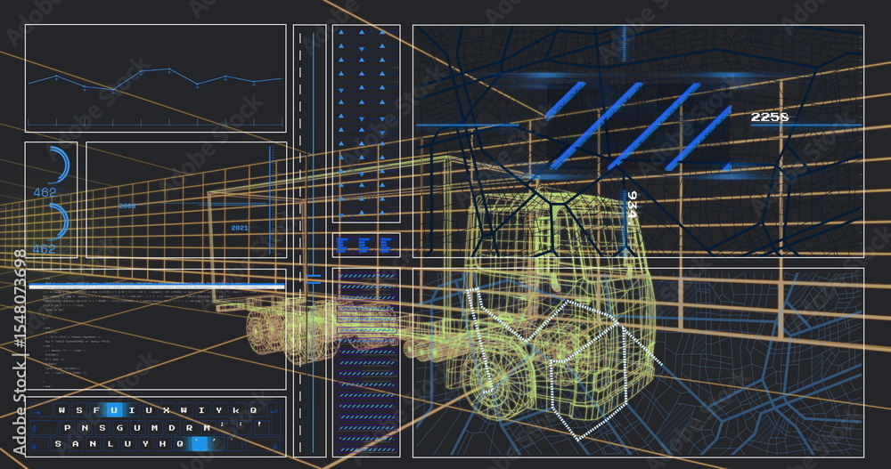 Poster displaying wireframe forklift model floating in diagnostic interface, with line chart and gauges