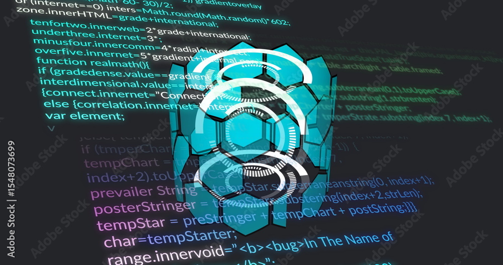 Poster projecting holographic hexagon-ring symbol hovering over dashboard, with blurred programming code